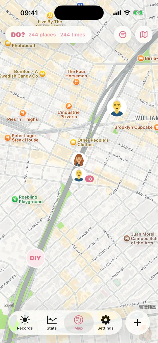 Places clustered on the map